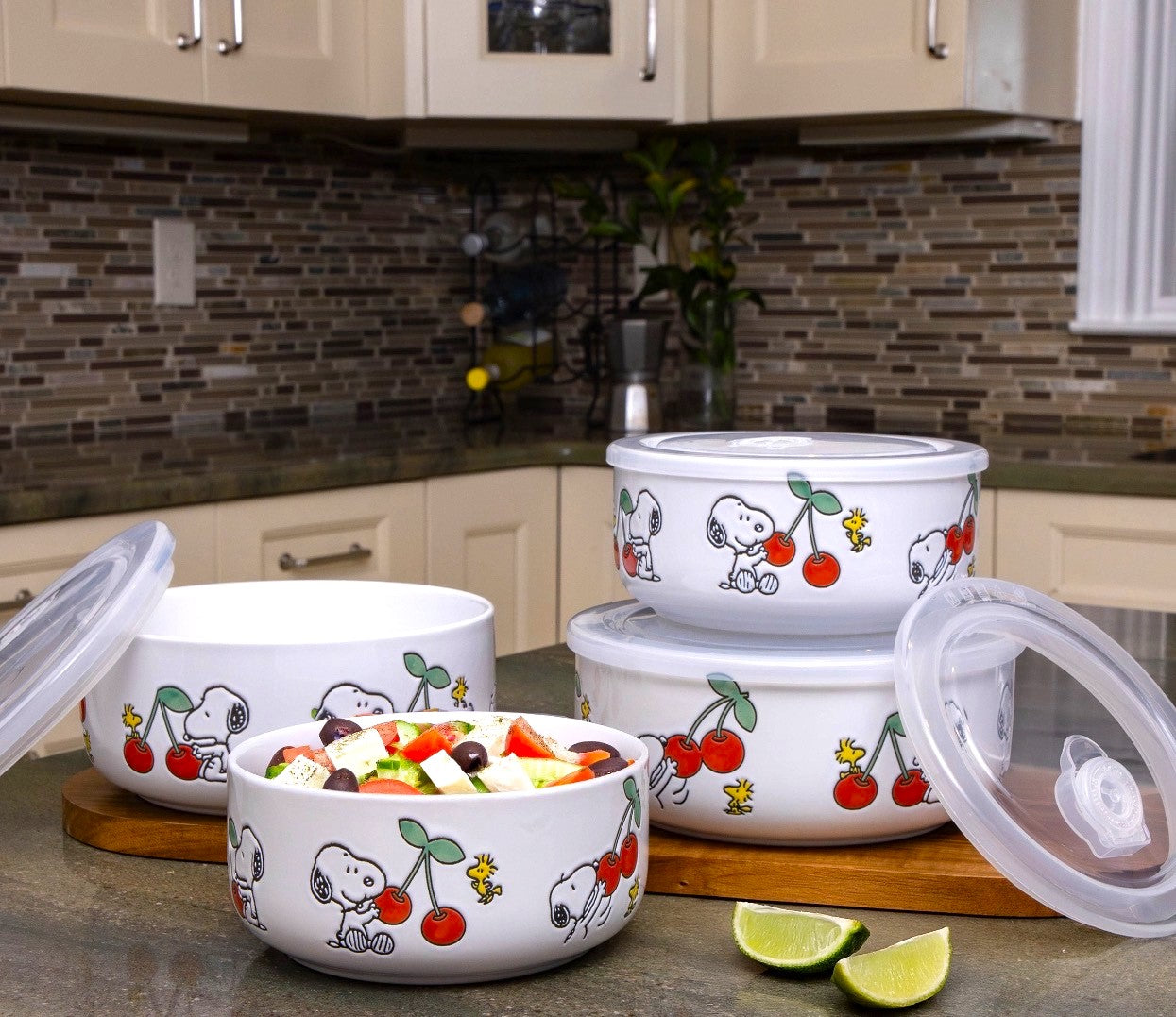 Peanuts Snoopy Ceramic Food Storage Bowls With Venting Lids- 4pack