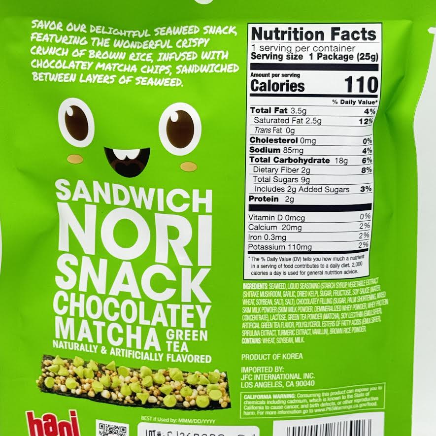 (2CT) Hapi Sandwich Nori Snack Chocolatey Matcha Green Tea Naturally&Artificially Flavored 25g