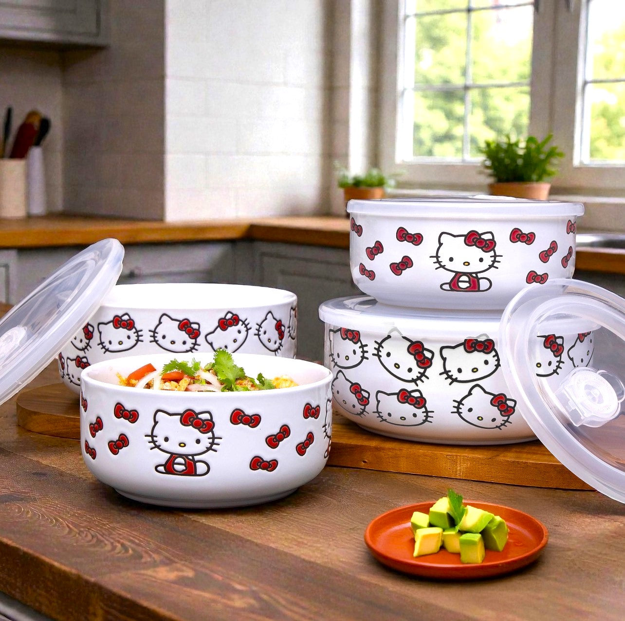 Zrike Hello Kitty Ceramic Food Storage Bowls With Venting Lids 4 Pack
