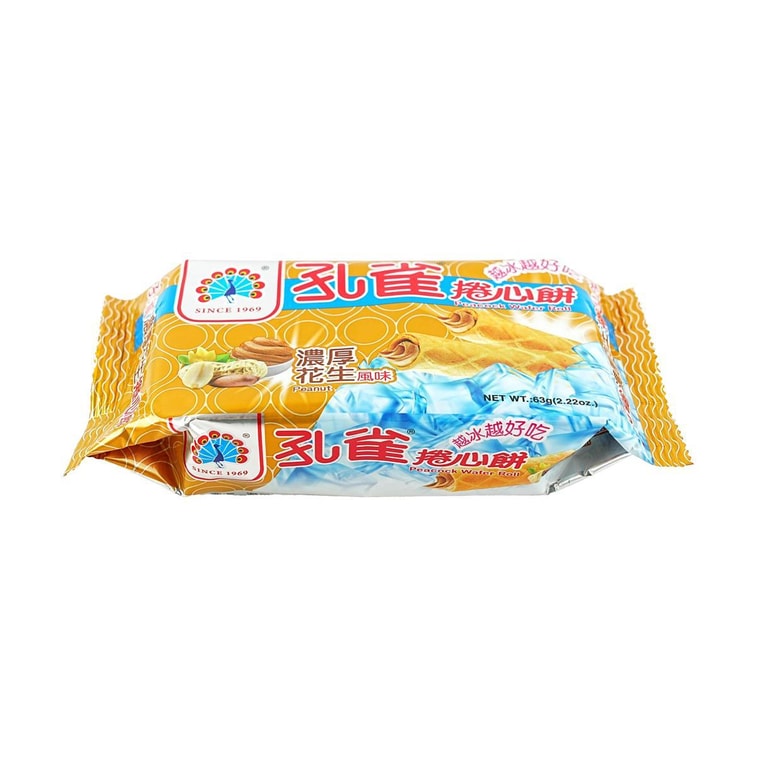 Kuai Kuai Peacock Wafer Roll - Peanut Flavor 63g乖乖花生口味捲心餅