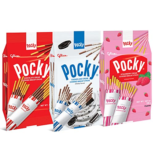 Glico Pocky Sticks Japanese Snacks Pocky Variety Pack of 3 Asian Snacks - Poky Stix Strawberry, Chocolate, Cookies and Cream