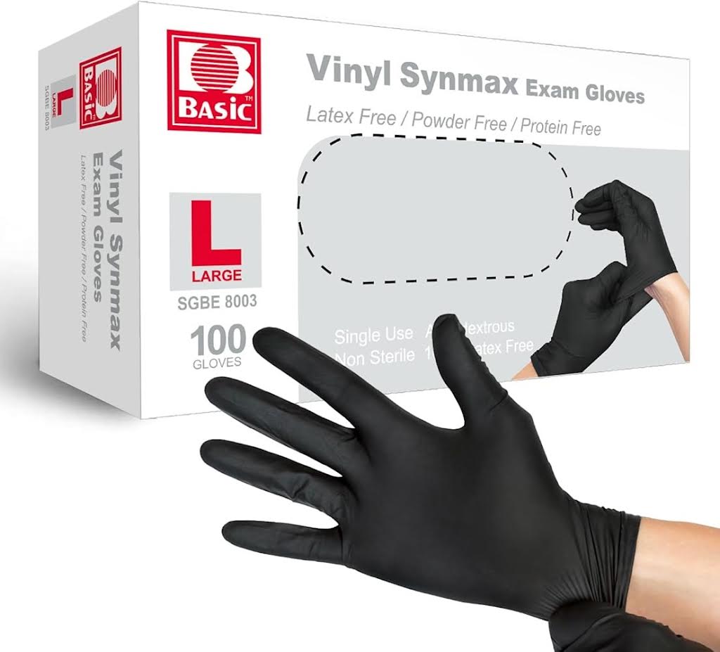 Basic Vinyl Synmax Exam Gloves Powder-Free/Non-Sterile Size:L ,Color:Black,100pcs