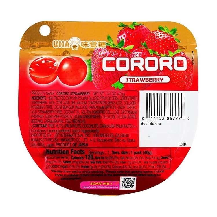 Uha Mikakuto Cororo - Strawberry Juicy And Squishy Gummies 1.41oz/(40g)悠哈爆款糖果草莓口味