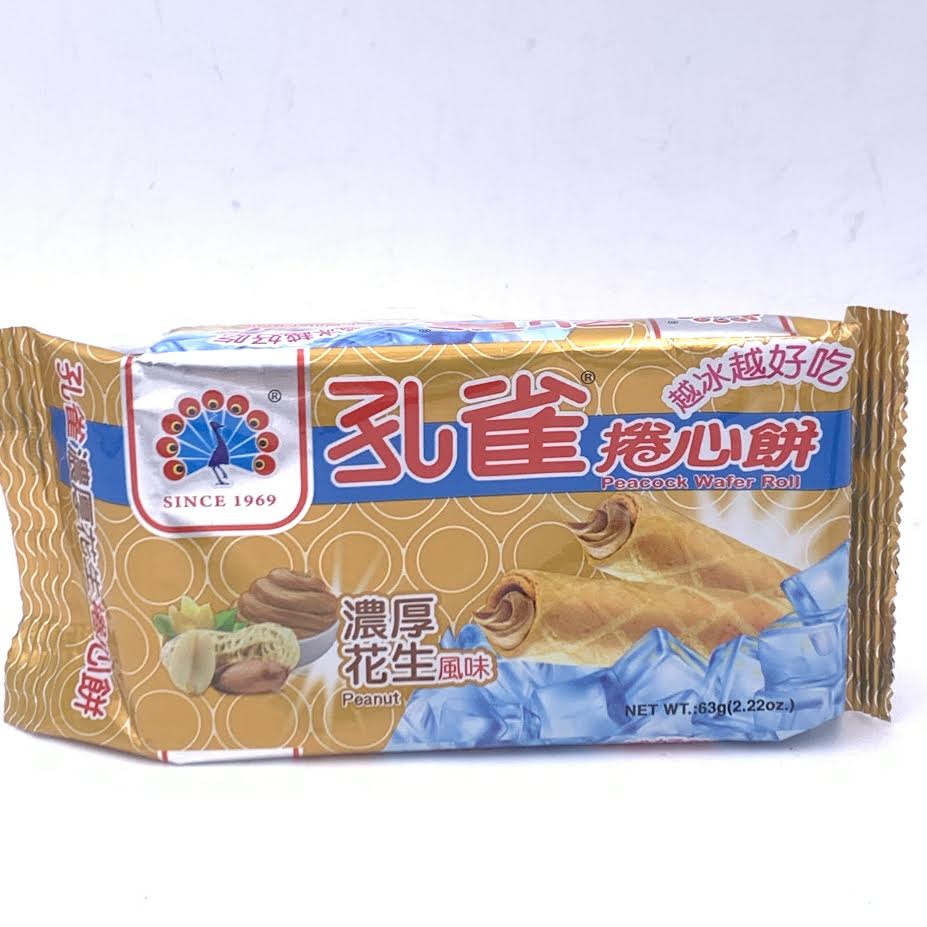Kuai Kuai Peacock Wafer Roll - Peanut Flavor 63g乖乖花生口味捲心餅