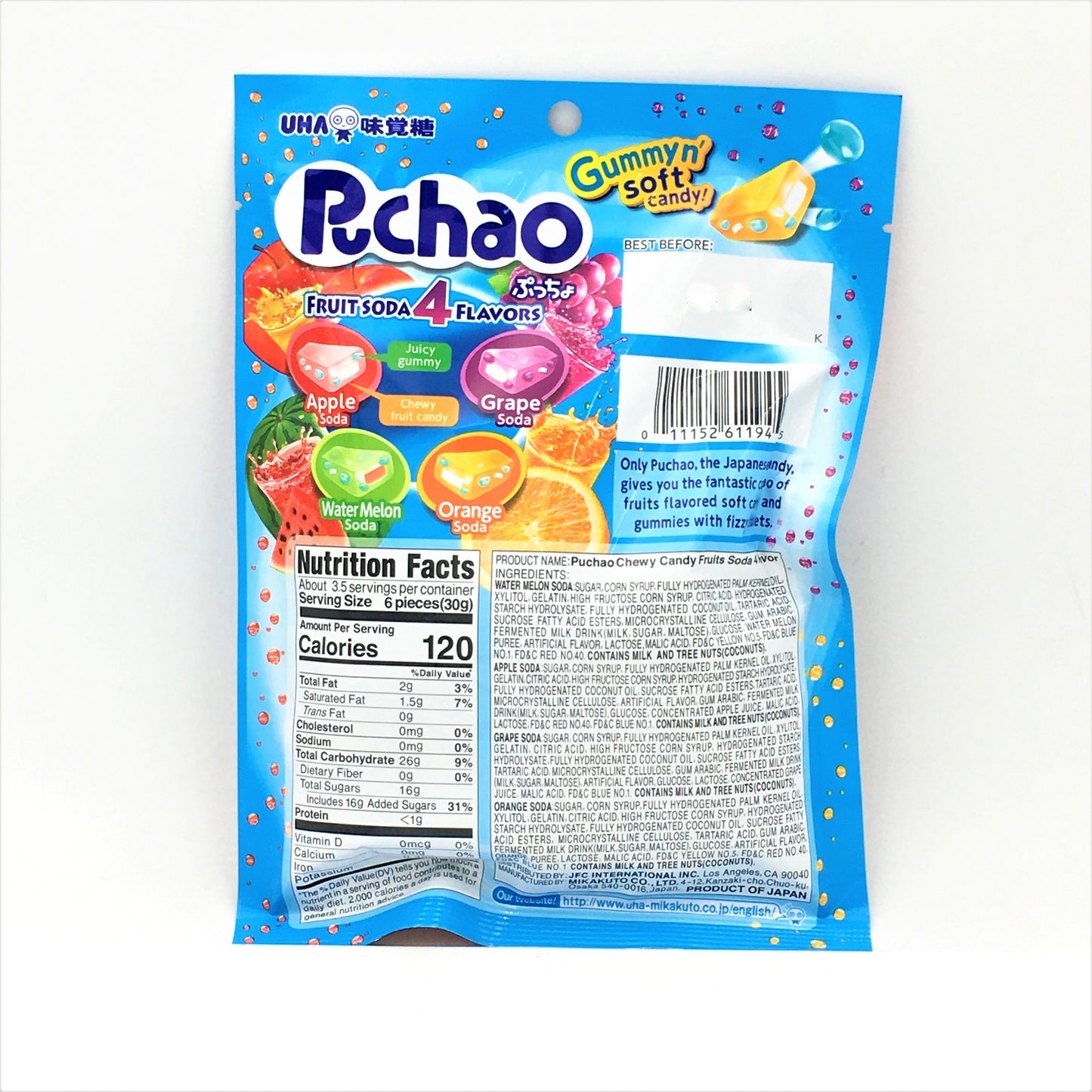 Uha Puchao Chewy Candy Fruit Soda 4 Flavor-Apple Water Melon+Grape+Orange 3.53oz
